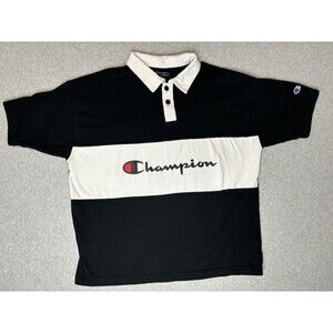 Champion‎ Men's Powerblend Rugby Polo Short Sleeve Tee Shirt Black Size Large